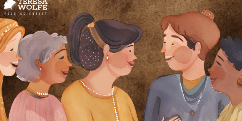 Watercolor image of people at a gathering, making heart-centered connections.