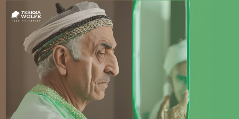 Senior citizen, middle eastern descent looking blankly into a mirror.