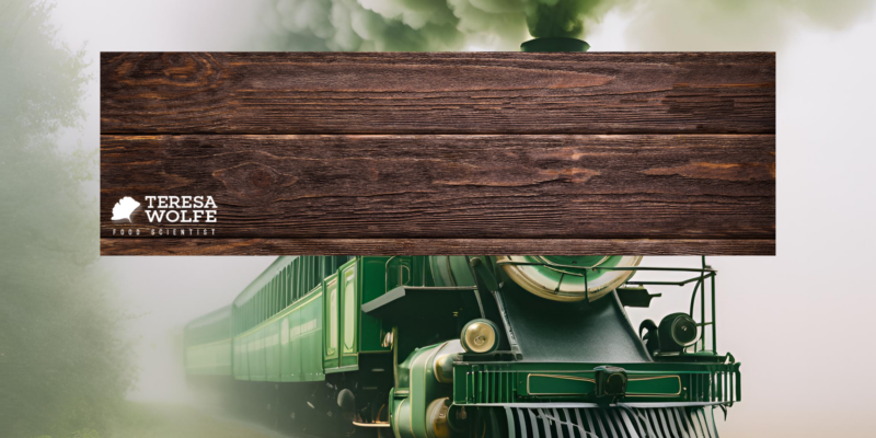 A whimsical image of a vintage train in motion, surrounded by mysterious fog, symbolizing the journey of discovery of your food story on the Food Bliss Express.