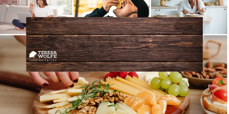Variety of images of people eating - woman on a sofa in front of the computer; man putting a whole slice of pizza in his mouth; woman eating alone at a table with a book; plate of fruits and veggies with a hand taking something from it. “Your eating style is unique to you. Let’s uncover its story!”