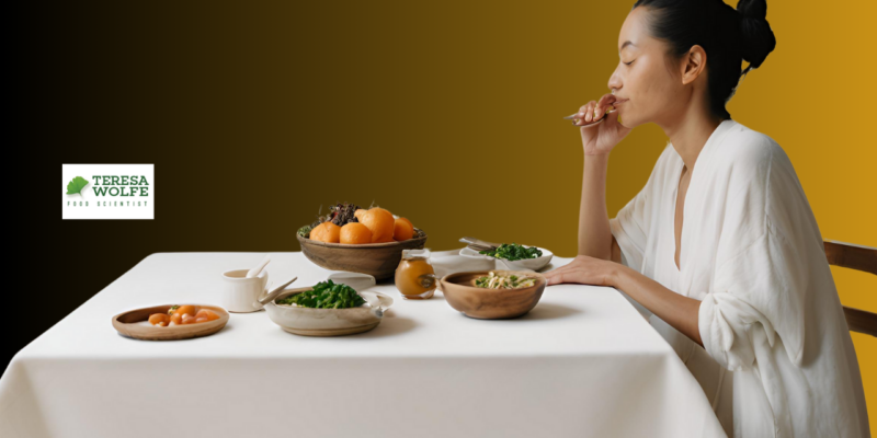 A simple, inviting photo of a person enjoying a meal with a relaxed, content expression. Implication: What If Eating Could Feel Like a Spiritual Experience? The way you eat can nourish more than just your body—it can transform your entire being.