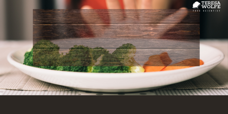 A close-up of a plate with broccoli and carrots in focus, while a person in the background raises their hands in refusal. The text overlay reads: "Wednesday Rant, 3/5/25: Limiting Beliefs That Sabotage Your Eating Habits."